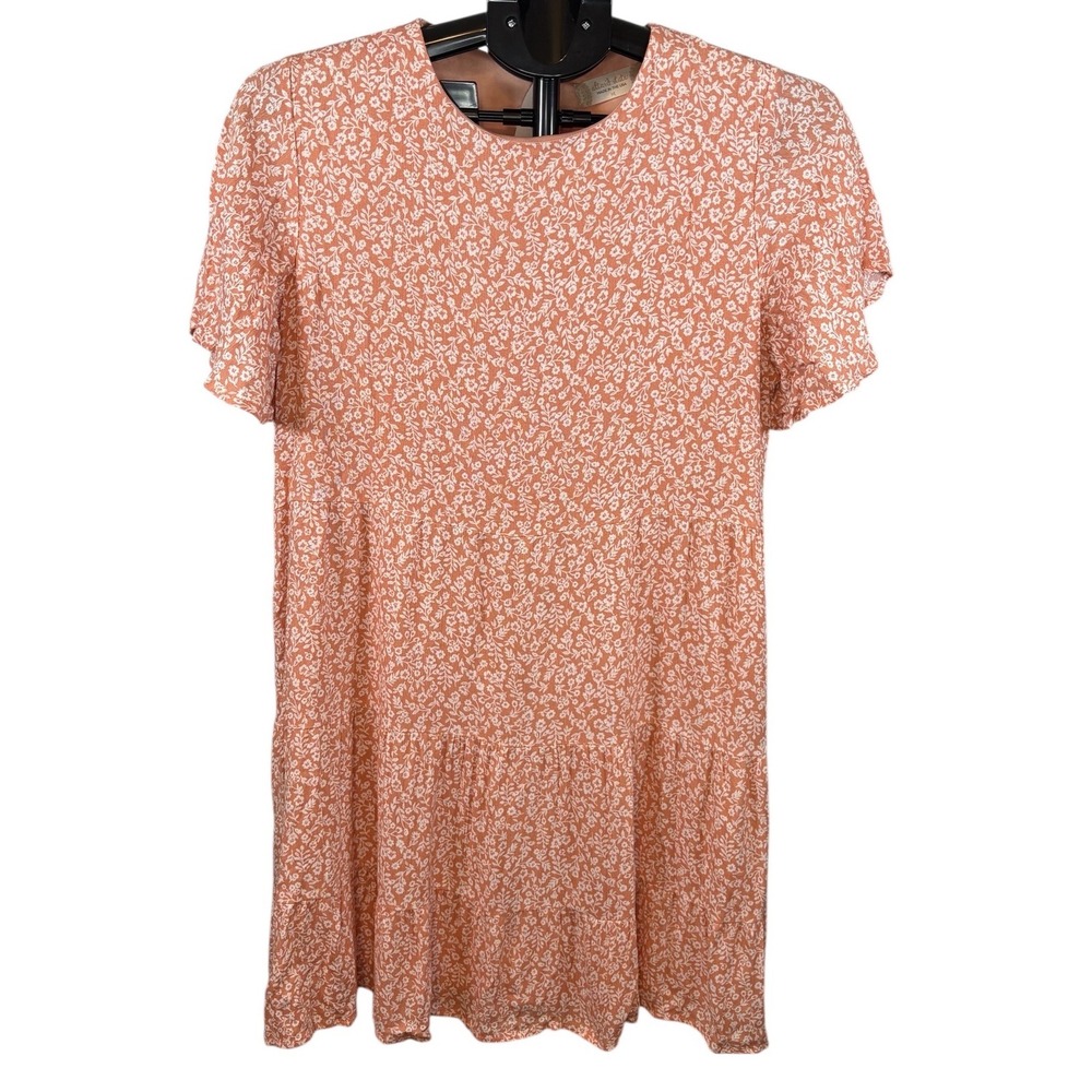 Altar'd State Womens Peach Floral Tiered Mini Dress Flutter Sleeve Medium USA